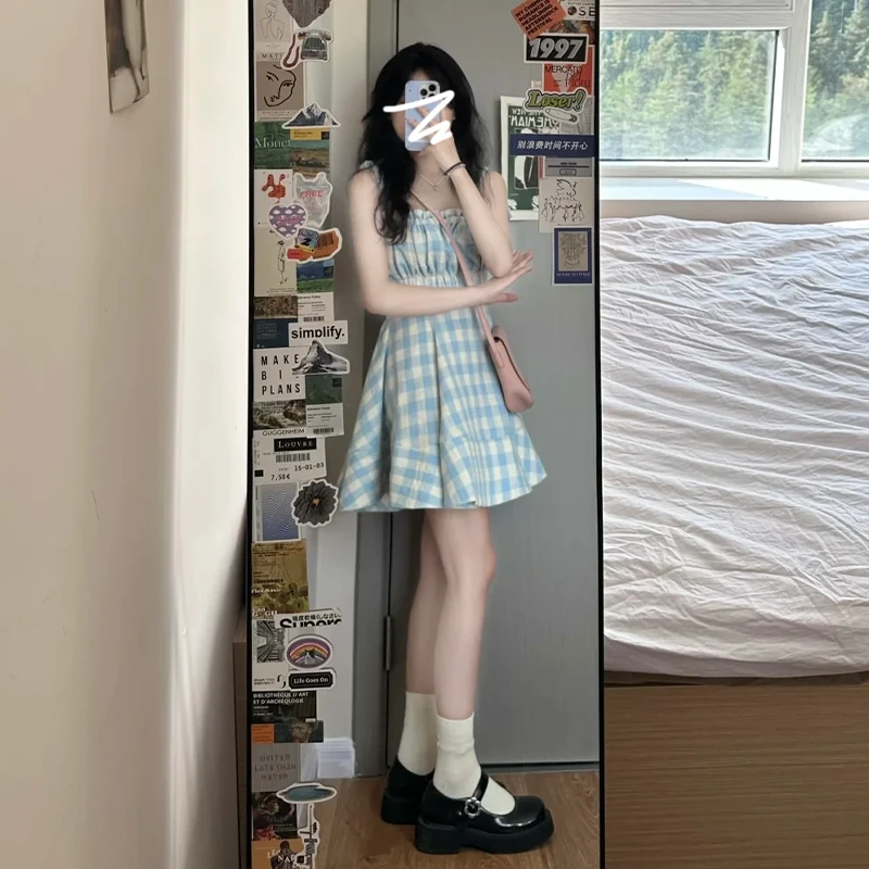 小个子穿搭吊带格子连衣裙子夏季女装海边旅游度假超好看钓系约会