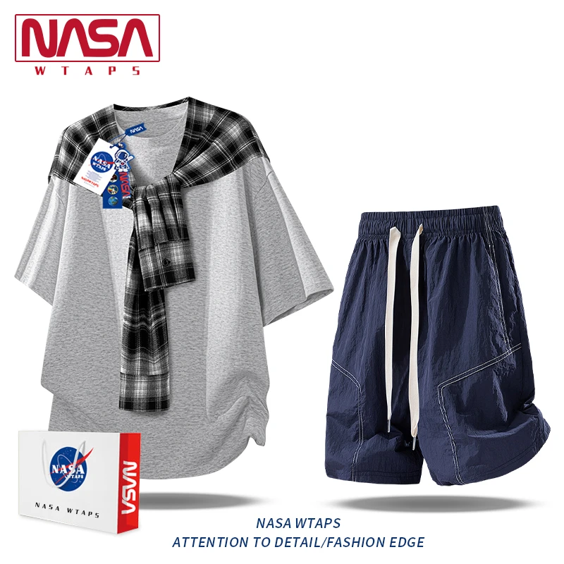 NASA WTAPS美式潮牌格子披肩短袖套装男款夏季短袖五分短裤一整套
