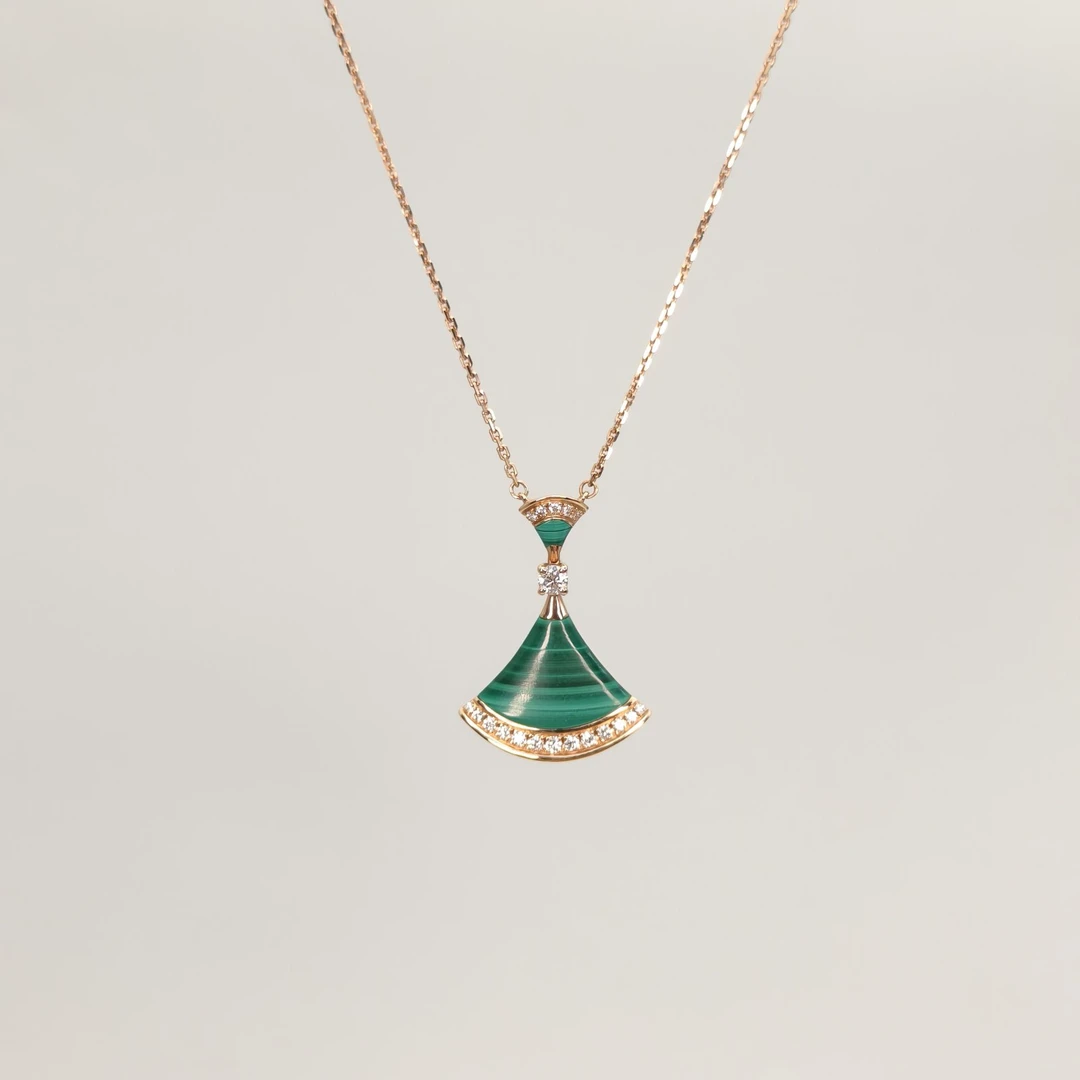 99新 BVLGARI/宝格丽 -jf小花柳 扇子孔雀石扇边镶钻 项链 玫瑰金