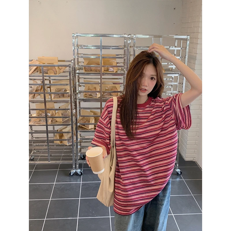 胖mm撞色条纹短袖T恤女装夏季2025年新款设计感小众宽松大码上衣