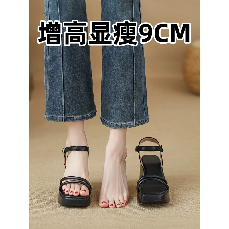 增高9CM粗跟厚底罗马凉鞋女2025年新款夏季防水台坡跟时尚高跟鞋