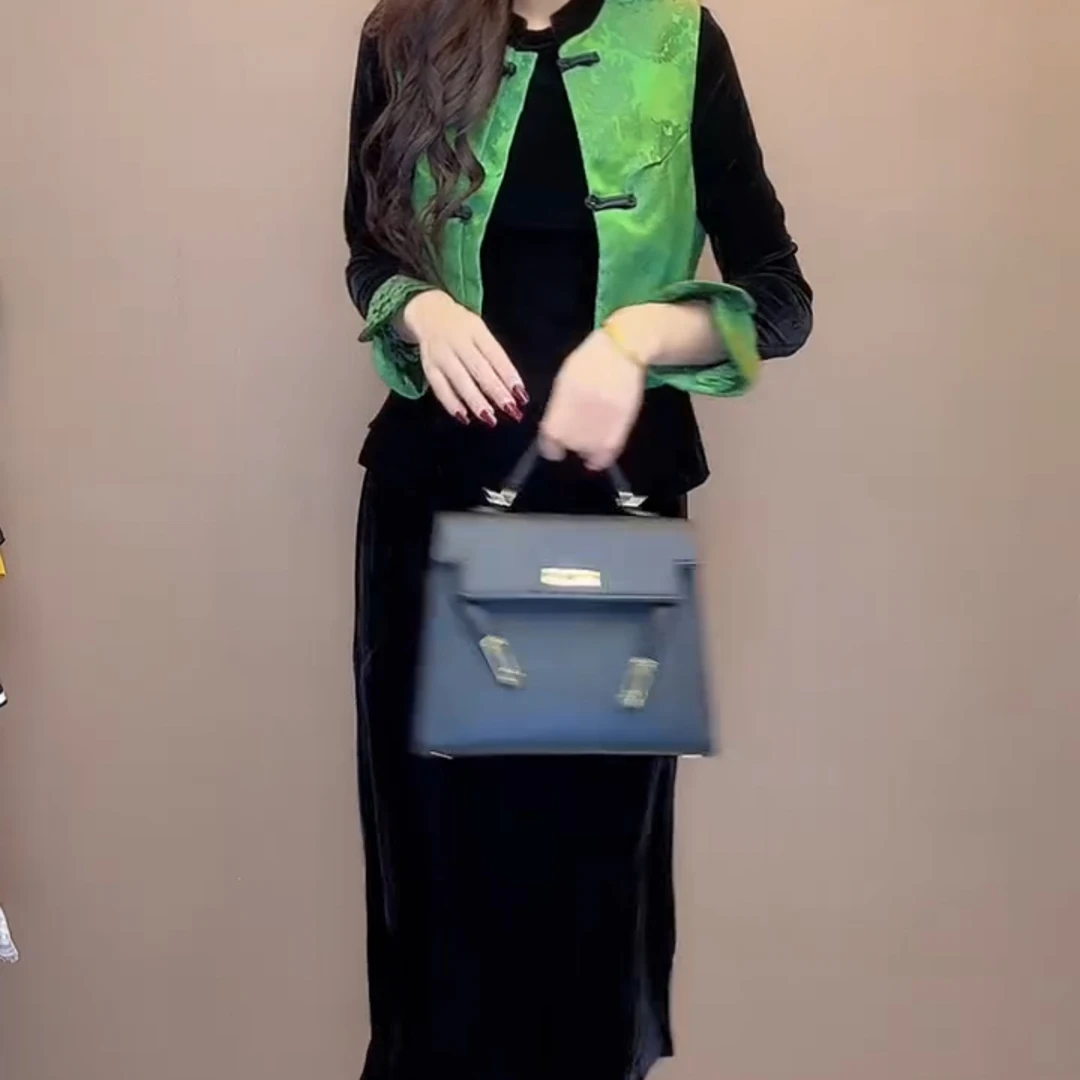 新中式国风连衣裙马甲套装刺绣丝绒马甲立领盘扣上衣秋冬款