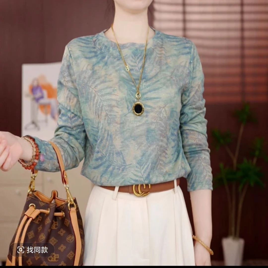 中老年妈妈装女秋季时尚提花圆领长袖打底衫印花