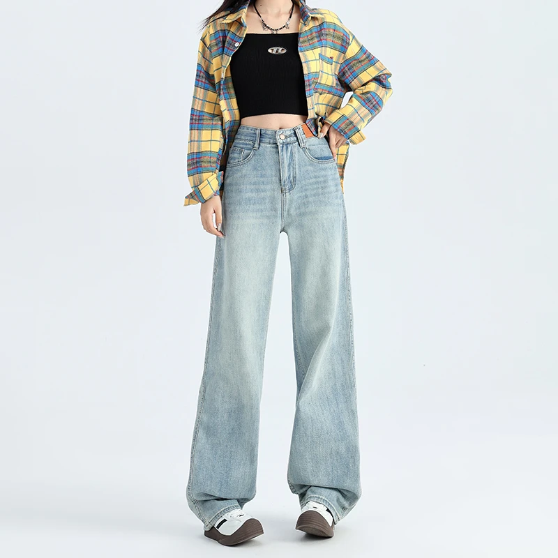 阔腿牛仔裤女2025春季新款复古高腰直筒宽松显瘦百搭拖地阔腿长裤