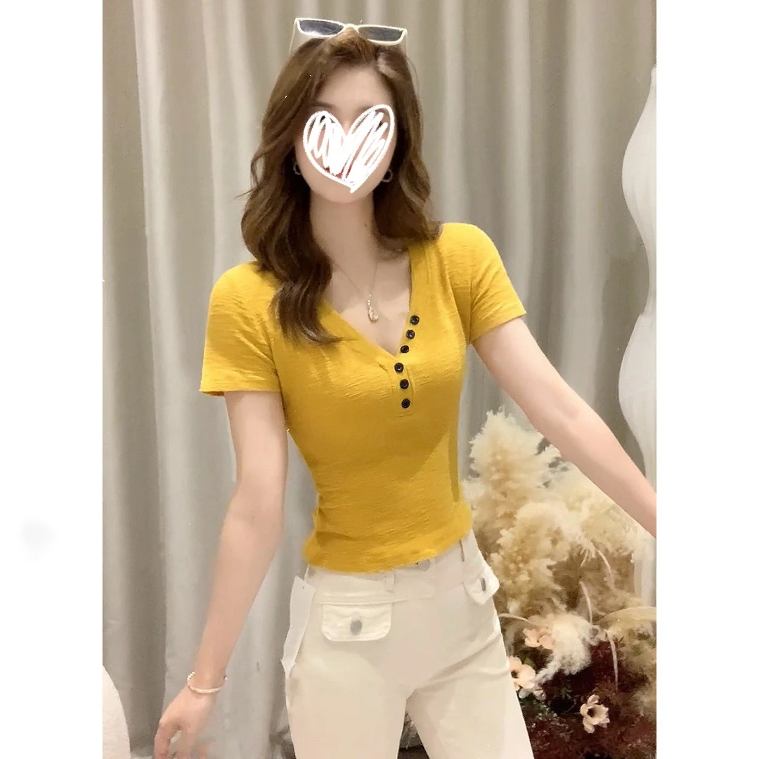 2025年夏季纯色辣妹v领T恤女收腰修身内搭纯欲显身材短袖上衣
