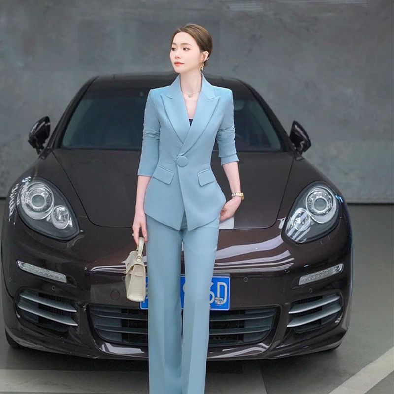 蓝色西装套装女正装高级感春秋小个子韩版休闲两件套职业装西服