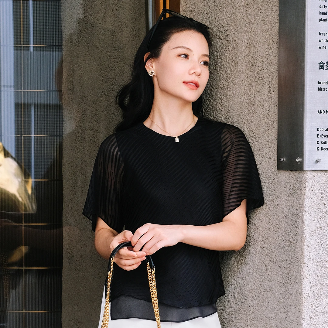 谭飞【舍得真丝云衫】夏季新款桑蚕丝小衫透气亲肤短袖上衣女