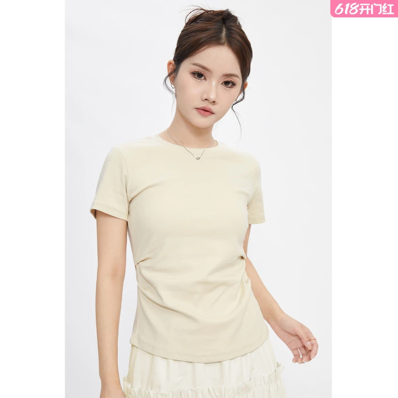 T恤女2025夏季新款圆领修身显瘦褶皱百搭短袖上衣25200