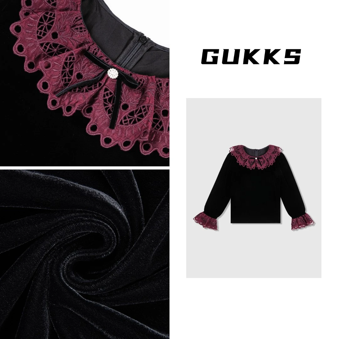 GUKKS秋季高定新款圆蝴蝶结领花边拼接鱼摆丝绒上衣ST8005