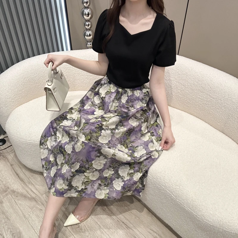 高腰碎花松紧带半身裙裙子女装花色印花显瘦气质时尚百搭夏季紫色