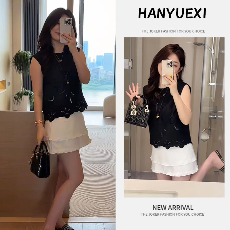 今年流行穿搭一整套2025新款镂空花边设计无袖上衣减龄短裙两件套