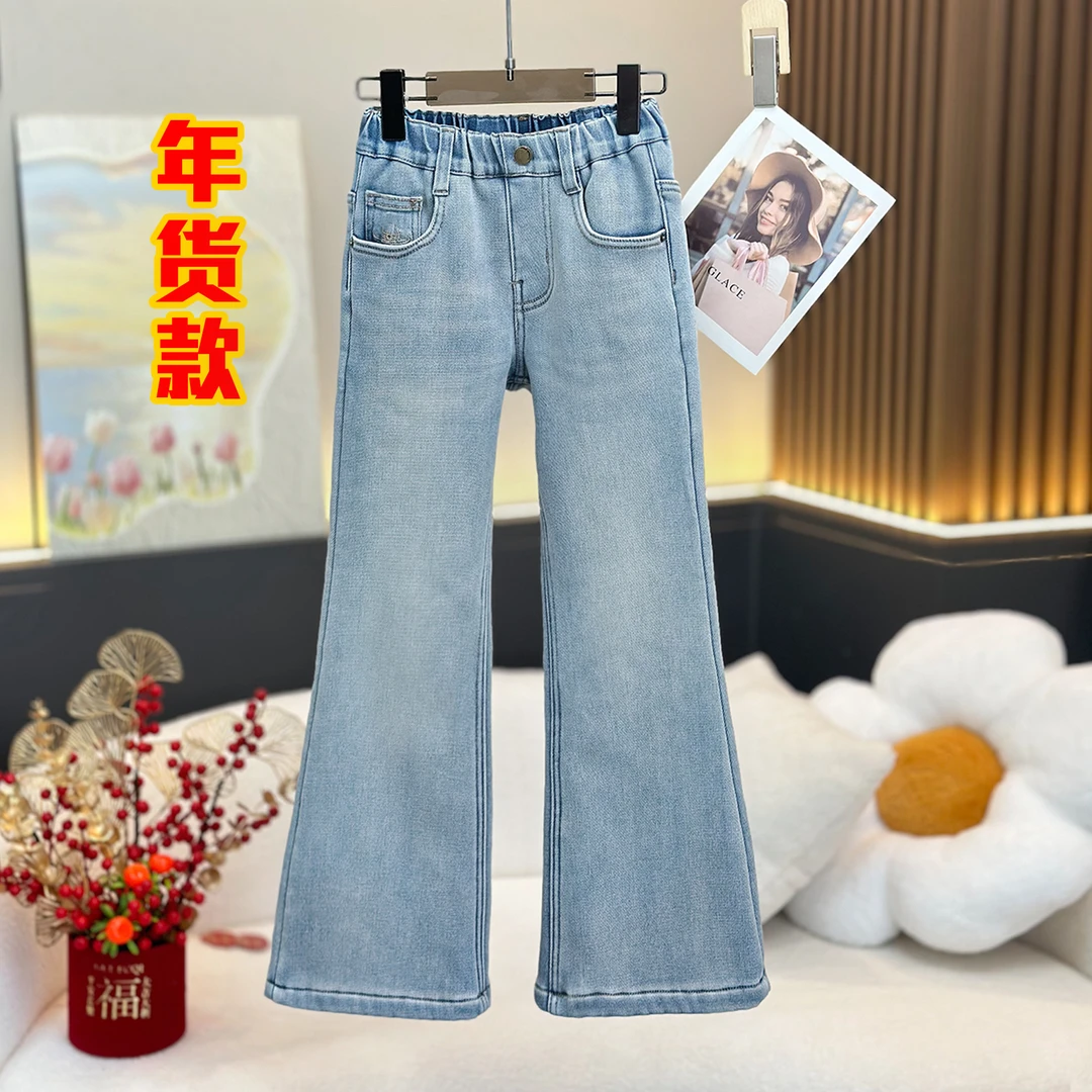 弹力年款~加绒/不加绒~女童牛仔裤加绒显瘦大长腿刺绣微喇裤3145