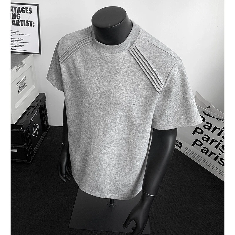 新款空气层太空棉重磅拼接抗皱短袖T恤夏季boxy版型硬挺短款男士