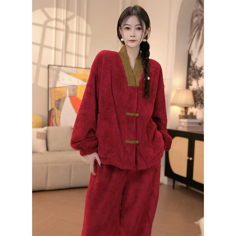 新中式加绒加厚睡衣女冬季新年本命年红色女士保暖家居服套装