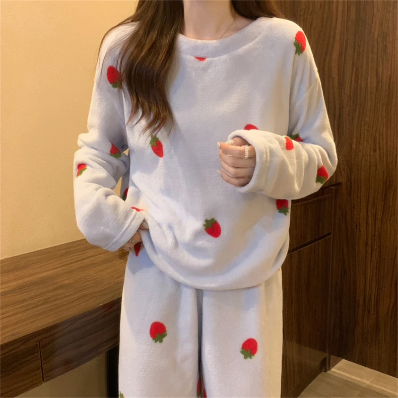 睡衣加绒家居服套装冬季女保暖圆领甜美加厚套装冬季秋冬款珊瑚绒