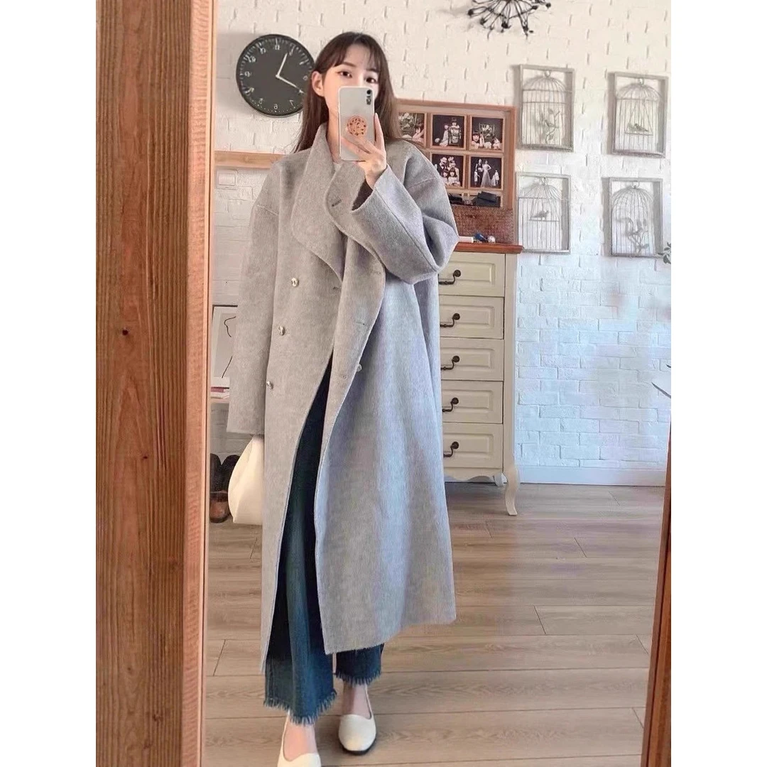 简约深灰色毛呢外套女冬季2025新款时尚双排扣过膝中长款呢子大衣