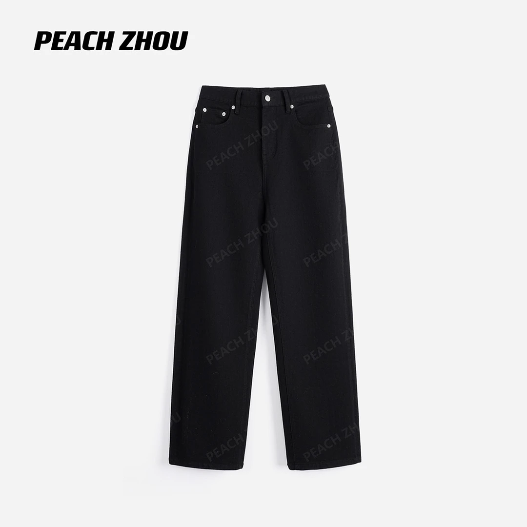 『PEACHZHOU』赛络纺竹节弹力纯黑色修身直筒牛仔裤通勤百搭小脚裤