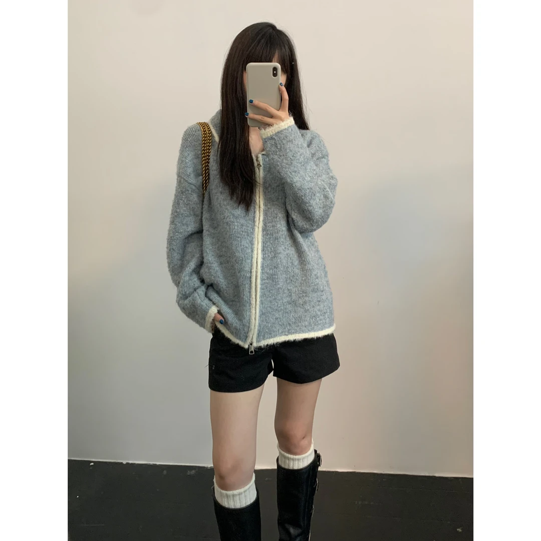 【清苍 暖女配方】秋冬休闲设计感撞色宽松百搭针织拉链开衫毛衣