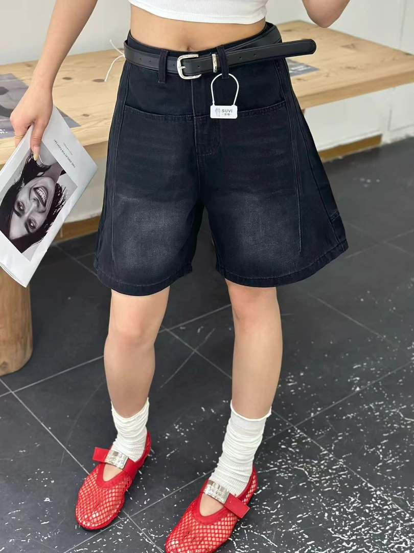 五分牛仔短裤女高腰显瘦显高阔腿休闲A字中裤7561