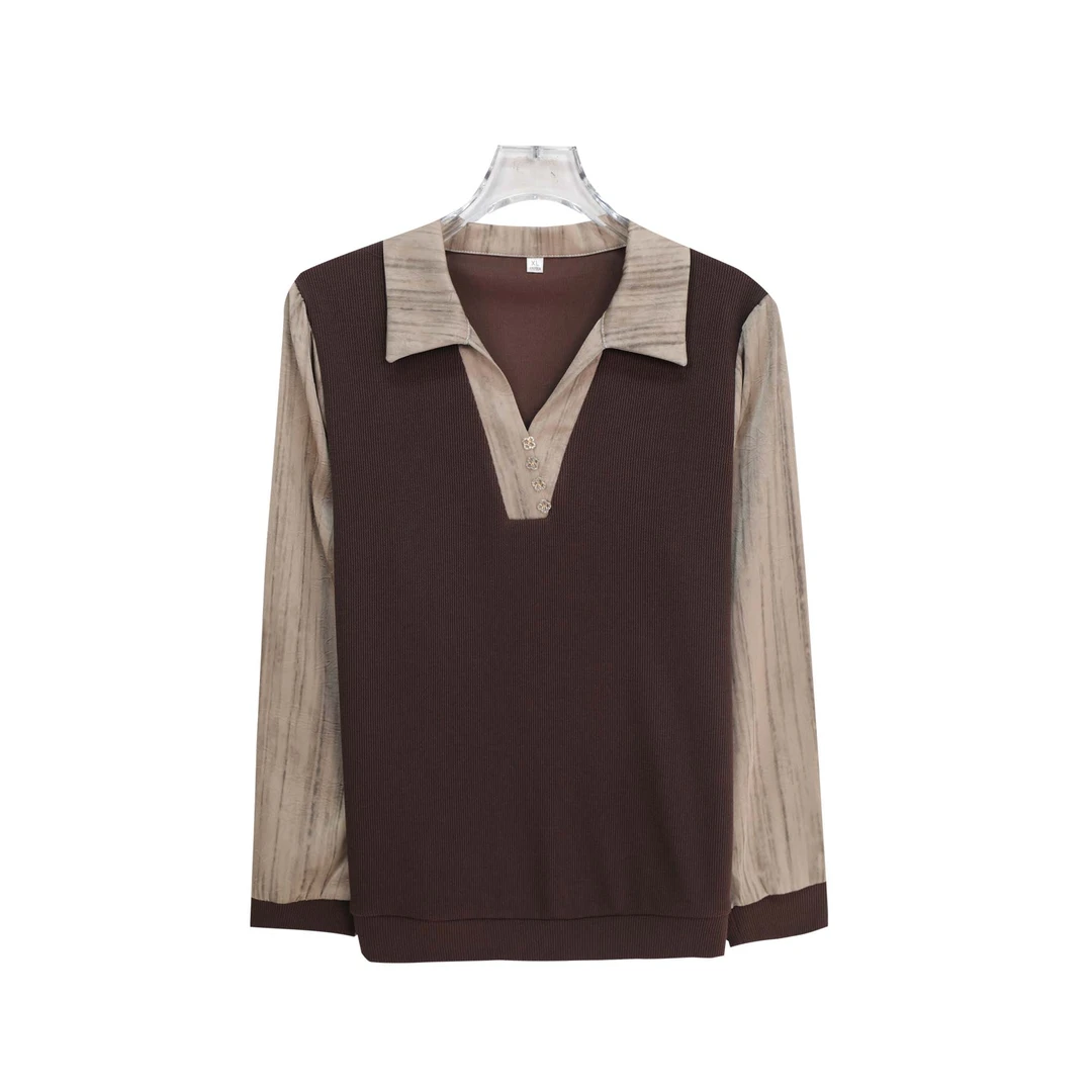 新款假两件设计感洋气减龄长袖撞色衬衫S4494