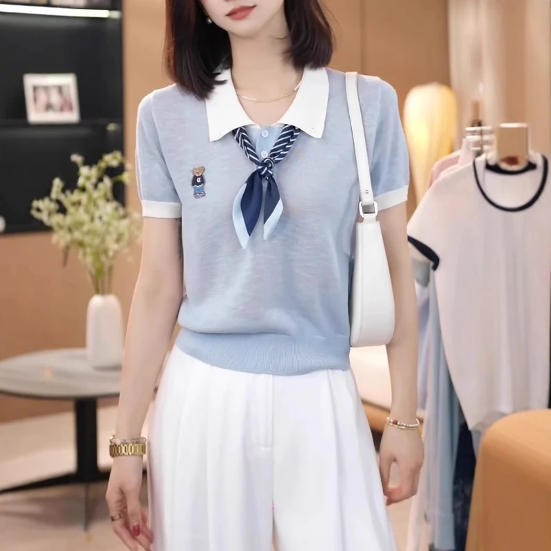 卡通小熊图案短袖针织衫女2025夏季新款撞色翻领T恤洋气减龄上衣