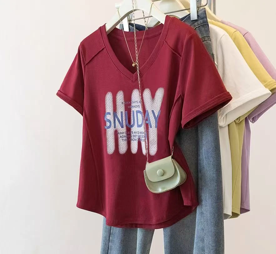 大码女装2025夏季新款设计感显瘦字母印花短袖T恤上衣2008