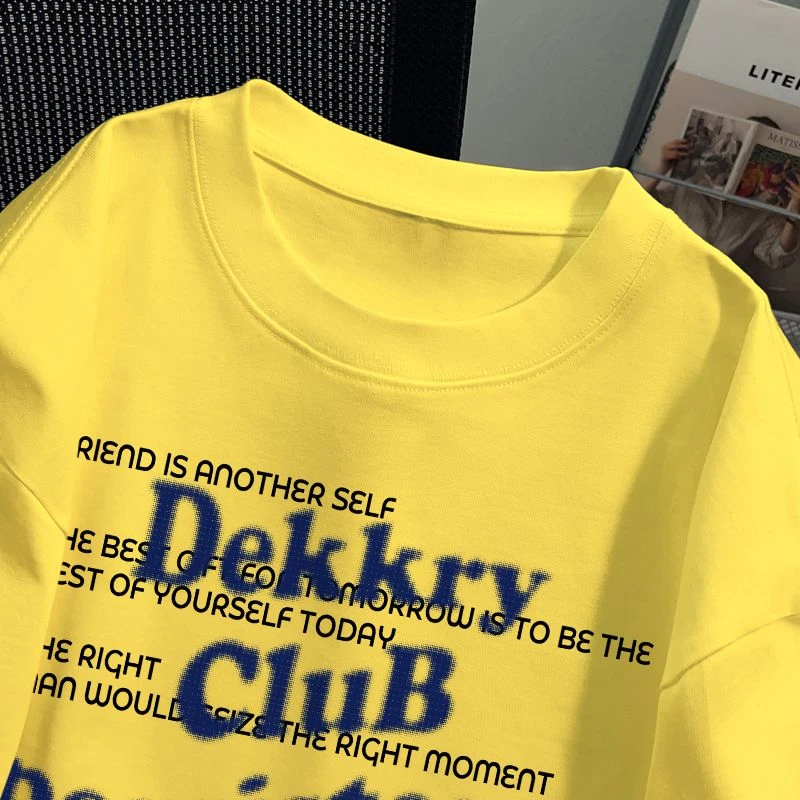 美式重磅纯棉休闲百搭宽松短袖t恤夏季黄色时尚新款印花半袖上衣