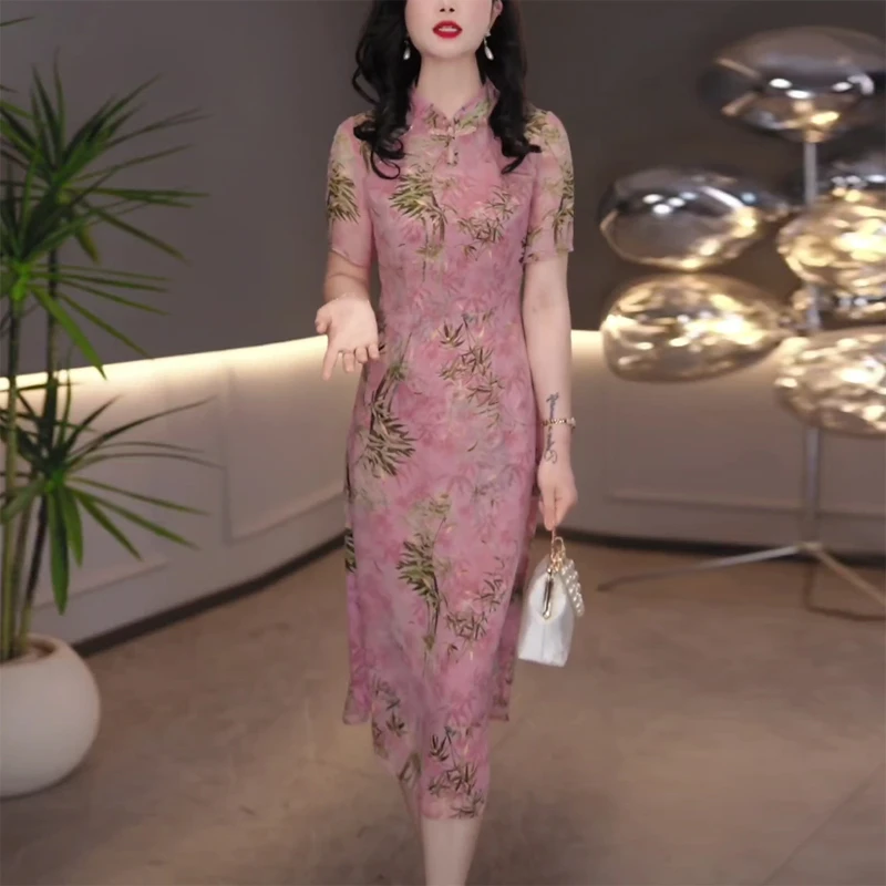 2025年夏季新款中国风年轻日常减龄旗袍裙粉色印花显瘦修身连衣裙