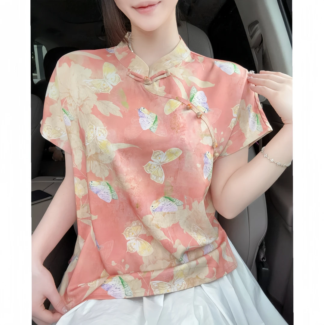 【小澜心】优雅短袖小衫丝滑老料舒适女装百搭透气精致提花国风