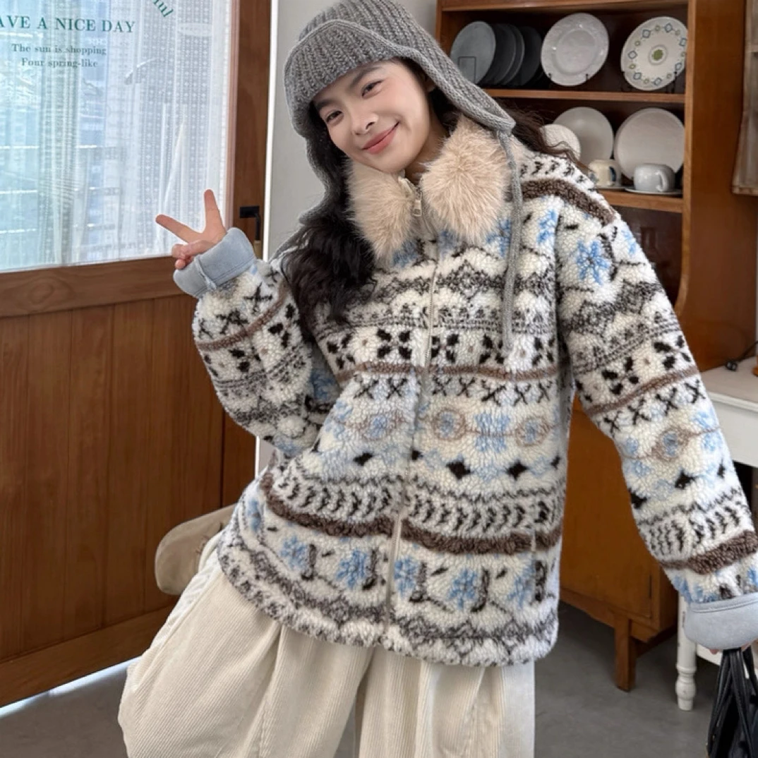 秋冬费尔岛毛领外套女加厚保暖洋气开衫长袖