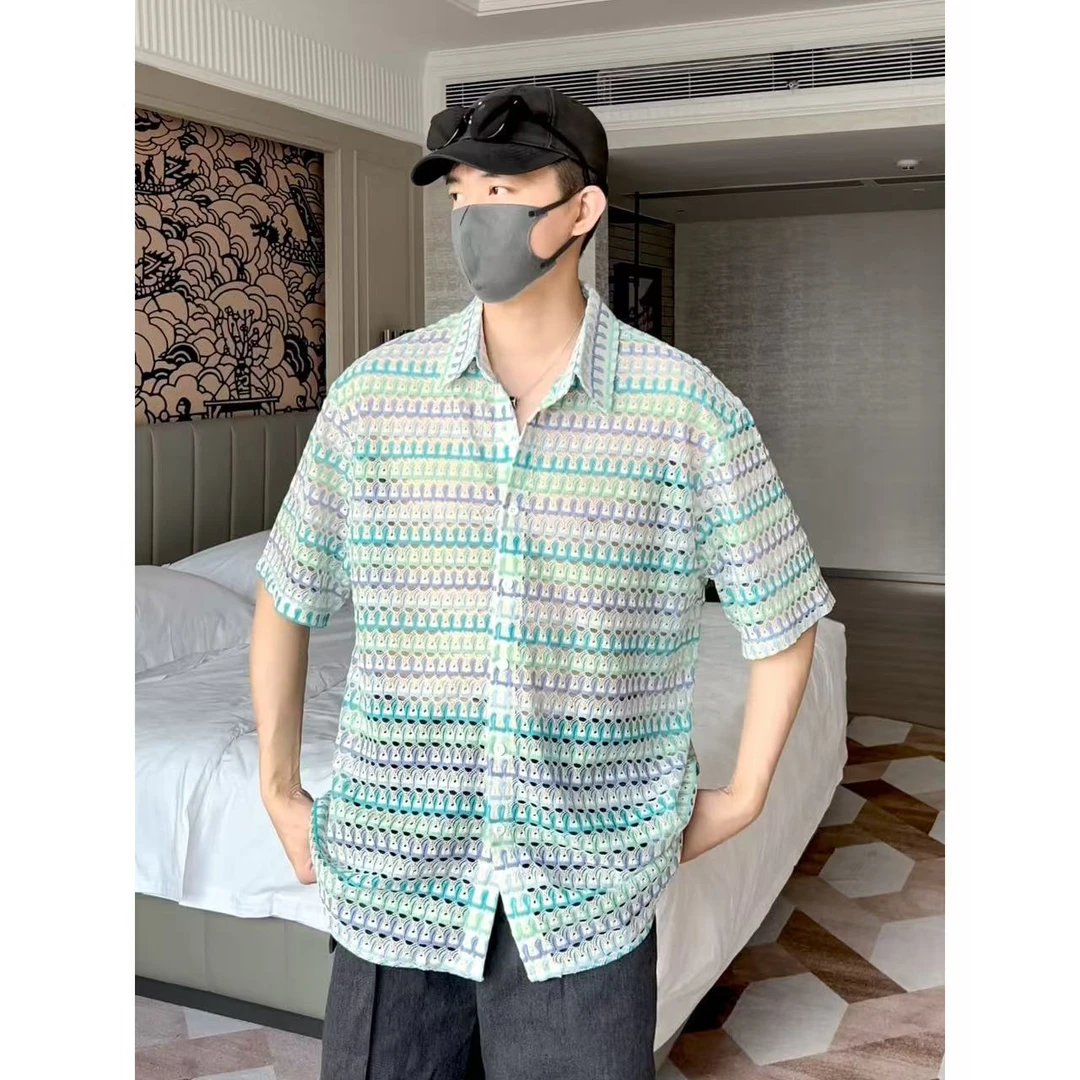 大圣圣 夏季宽松美式复古撞色镂空条纹短袖衬衫衬衣男FRA  1928