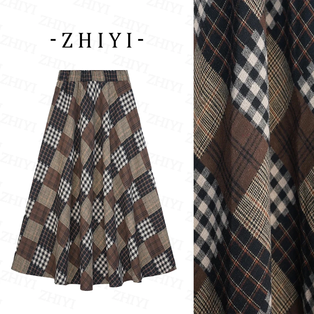 【二个裙长+羊毛】毛呢格纹拼接半身裙女波西米亚风秋冬新款A字长裙