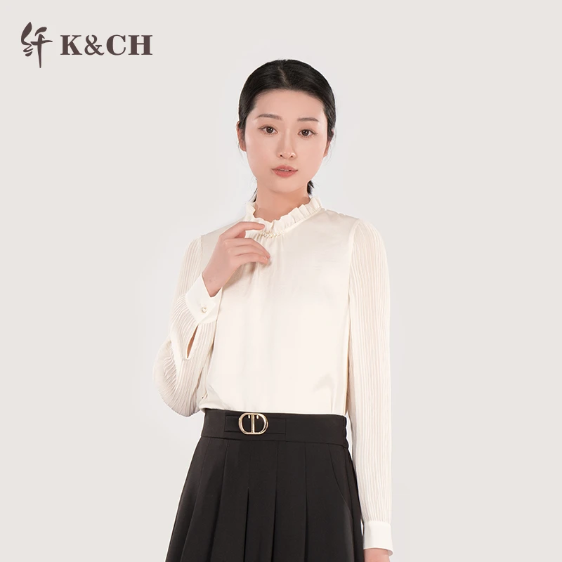 K&CH纤牌女装韩范气质舒适长袖白色荷叶边雪纺衫上衣8482F102E1