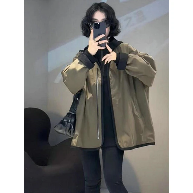 欧货撞色两面穿V领风衣女士春季新款宽松显瘦百搭棒球中长款外套