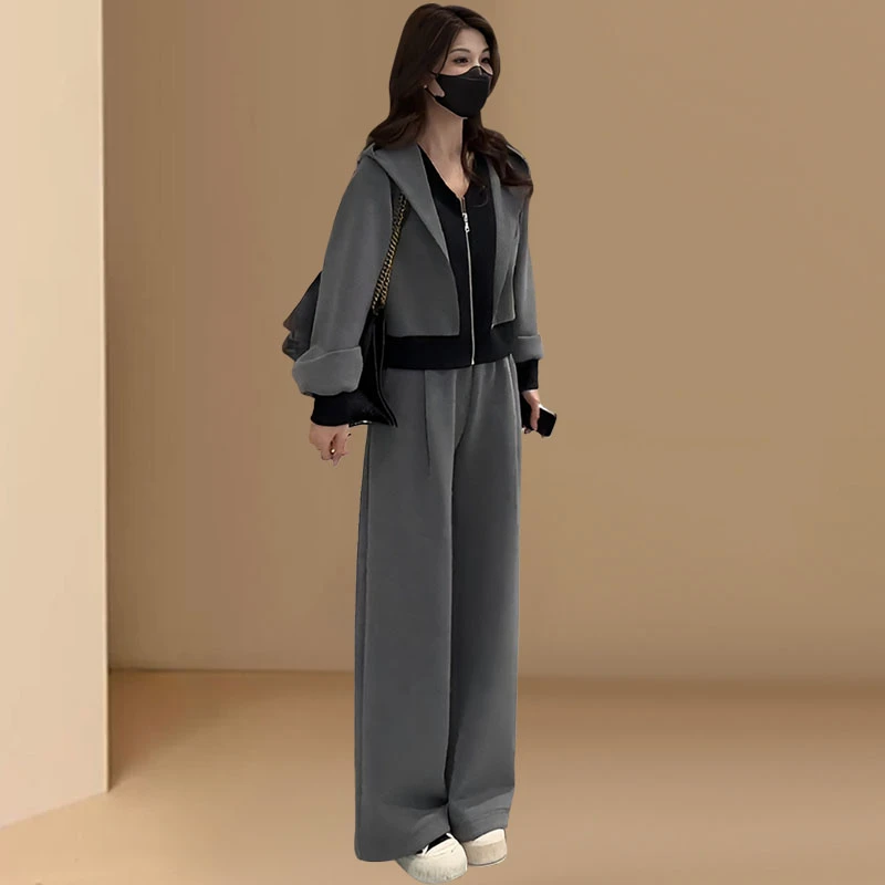休闲运动套装女2025春秋新款时尚洋气假两件连帽外套阔腿裤两件套