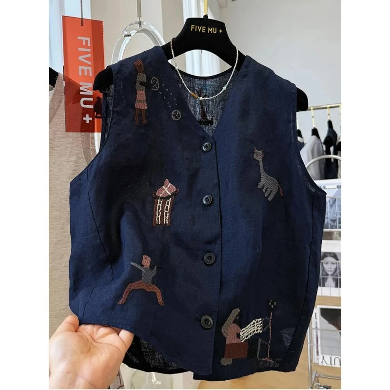 加大码300斤亚麻重工刺绣V领马甲男女夏季外穿无袖上衣坎肩背心潮