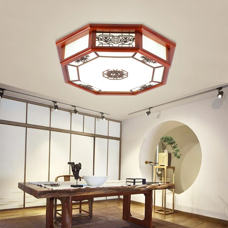 新中式吸顶灯八角LED卧室大气家用红木色中国风实木客厅阳台灯具