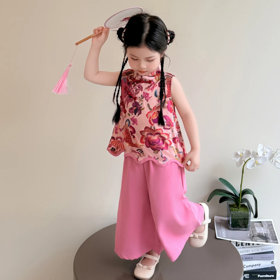 女宝宝新中式无袖套装夏季2025新款女童可爱婴儿中国风锦鲤两件套