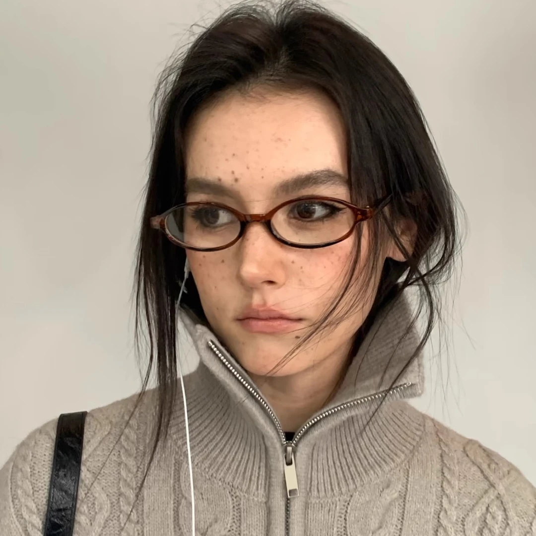 404的店复古深茶色椭圆斯文Y2K眼镜甜辣凹造型时髦素颜平光镜男女