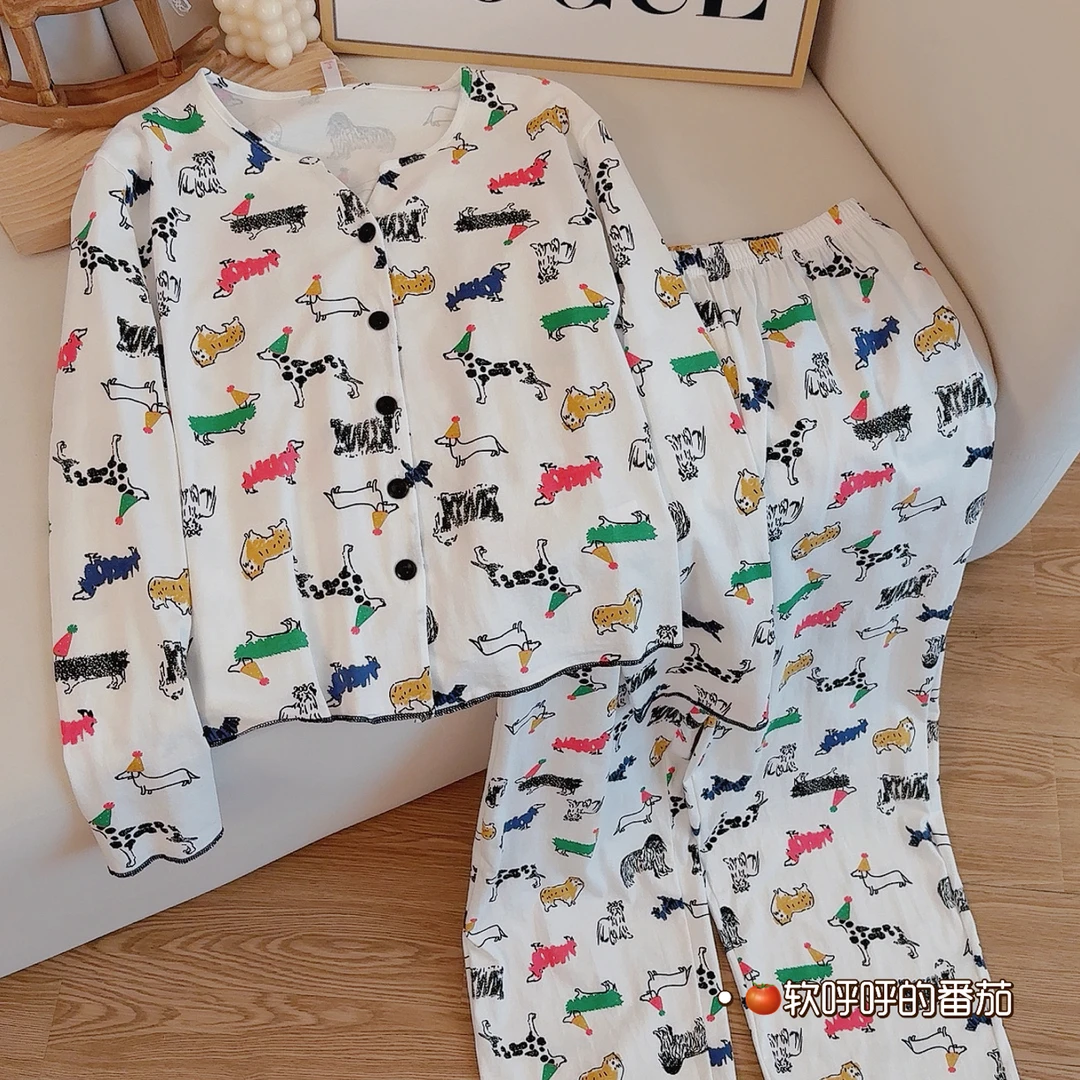 彩绘狗狗｜睡衣女款春秋纯棉卡通短袖短裤休闲可外穿家居服套装