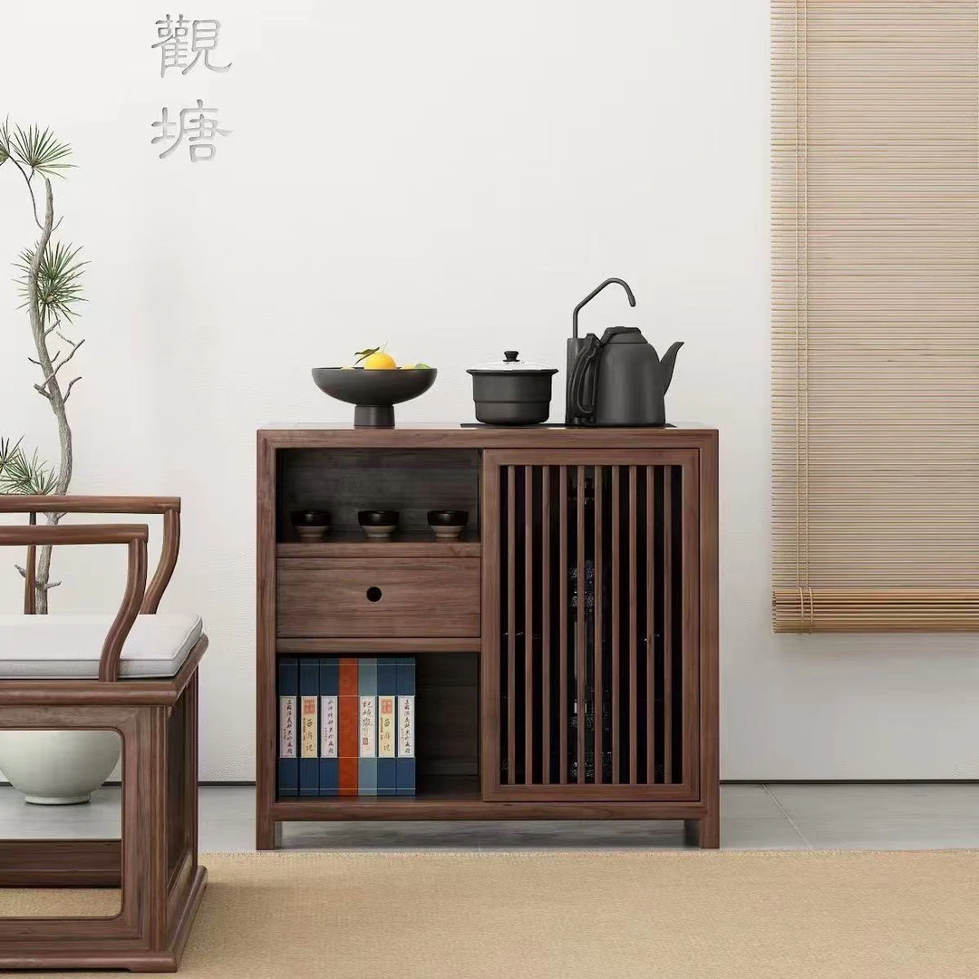 新中式茶水柜实木老榆木烧水简约多功能一体可移动储物柜家用客厅