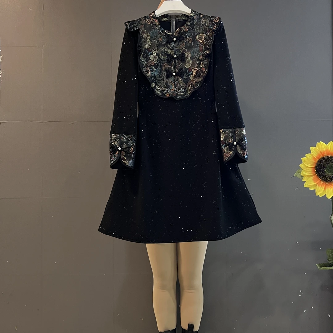 新款国风立领盘扣时尚印花拼接遮肚显瘦大码连衣裙