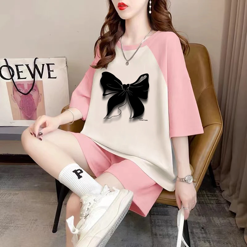 大码女装运动短裤短袖T恤两件套女夏季百搭宽松遮肉显瘦休闲套装