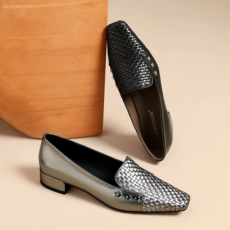 AMEINOR2025春季新款气质百搭编织风舒适低跟浅口单鞋