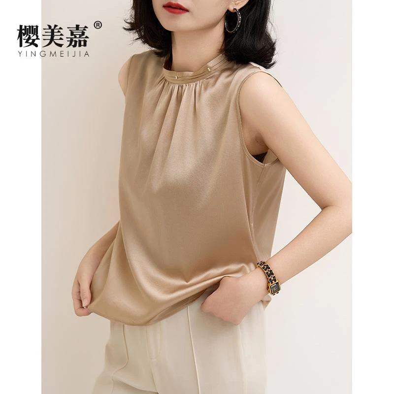 樱美嘉夏季新款钉珠立领无袖真丝上衣女纯色丝滑垂感桑蚕丝背心Z
