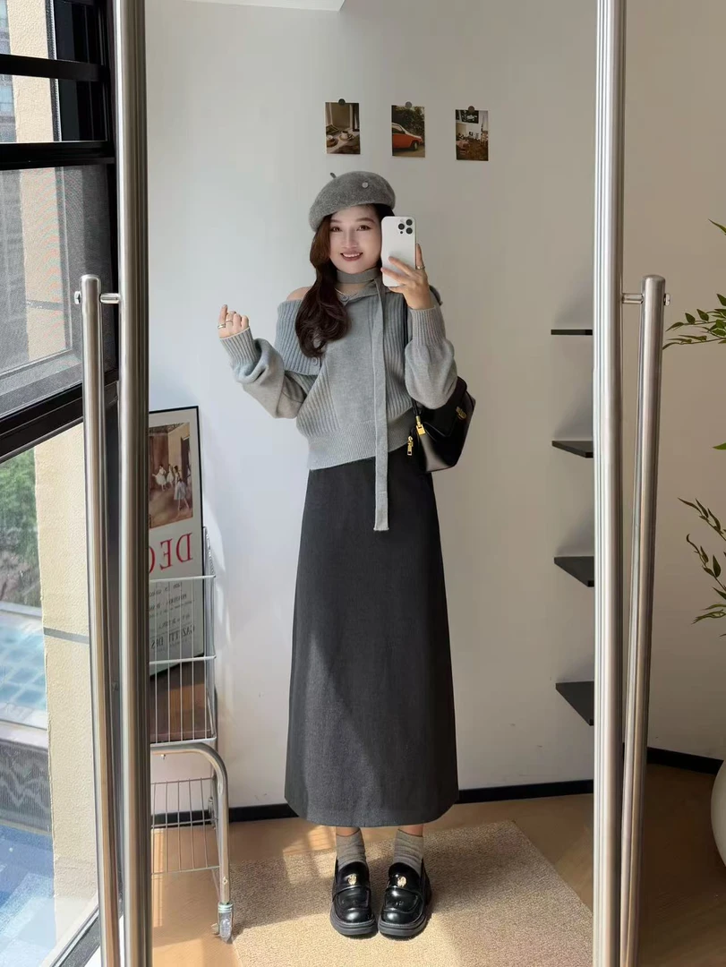 运补小个子韩版毛呢直筒裙修身显瘦遮胯气质设计感时尚百搭一步裙