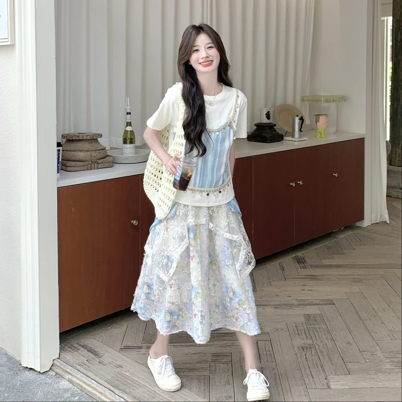 氛围感减龄套装裙女2025夏季新款假两件小众设计上衣半身裙两件套