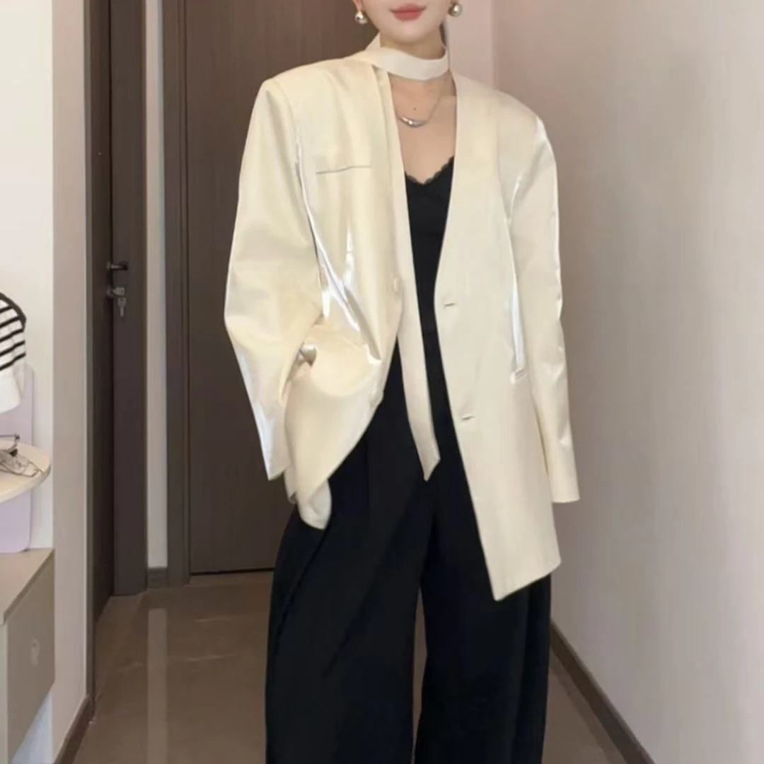 韩版设计感珠光软金缎外套女新款飘带富家千金西服上衣