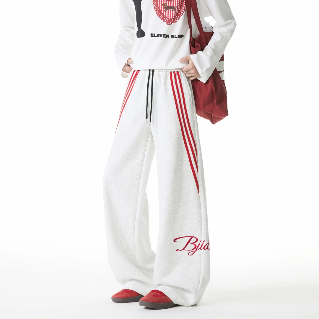 秋季潮牌宽松美式三条杠百搭休闲裤男款高街痞帅刺绣青少年长裤男