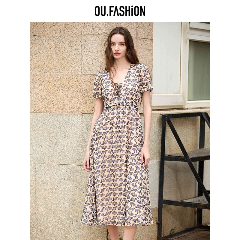 OU.FASHION/欧点法式茶歇裙桑蚕丝优雅碎花短袖连衣裙1122420488